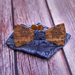 Bow Ties Linbaiway Mens Handkerchief Wood Cufflinks Wooden Tie Set Wedding Snowflake Print Gravatas Bowtie For Christmas Gift