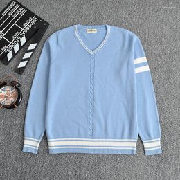 Women's Sweaters Japanese JK Pullovers Sweater Water Blue White Bar V Neck Long Sleeve Uniforms Centre Twist Decoration