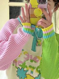 Women's Sweaters Japanese Women Harajuku Kawaii Pullovers Cartoon Letter Contrast Patchwork Sweater Y2k Knitted Half Turtleneck Zipper