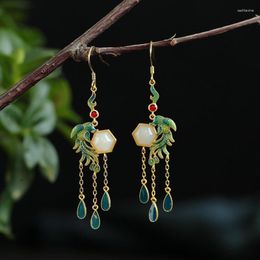 Dangle Earrings Designer Original Natural Hetian Jade Geometric Enamel Porcelain Phoenix Retro Chinese Style Ladies Jewelry