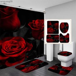Shower Curtains 3d Digital Printing Red Rose Flower Shower Curtain Waterproof Polyester Landscape Curtains Bathroom Shower Curtain And Rug Sets R230821