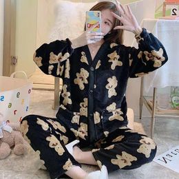 Women's Sleepwear Coral Fleece Women Pyjamas Set Korean Style Bear Pattern Homewear V Neck Sexy Cartoon Pijama Girls Kawaii Nightsuit Mujer