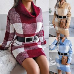 Women's Sweaters 2023 Women Plaid Turtleneck Sweater Dress Autumn Winter Elegant Long Sleeve Warm Contrast Color Knitted Pullover