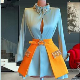 Sky Blue Short Prom Homecoming Dresses Long Sleeve High Neck Beaded Crystal Keyhole Mini Evening Birthday Gown