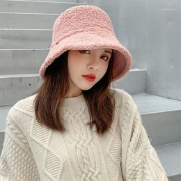 Lady Reversible Double Sided Bucket Hat Winter Autumn Solid Colour Thicken Faux Fleece Wide Brim Sunscreen Packable Fisherman Cap1319c