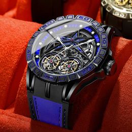 Other wearable devices BINBOND Fashion Skeleton Mechanical Watch for Men Leather Strap Sport Double Tourbillon Watches Mens Relogio Masculino x0821