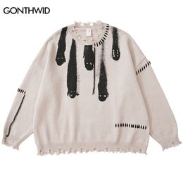 Men's Sweaters Hip Hop Sweaters Streetwear Y2K Grunge Ripped Ghost Print Punk Gothic Knitted Jumpers Autumn Harajuku Casual Pullover Sweaters 230818