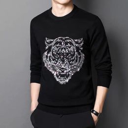 Men s Hoodies Sweatshirts Style Sweater Men Tiger O Neck Knitted Pullover High Quality Heavy Craftsmanship Diamond Encrusted 230821