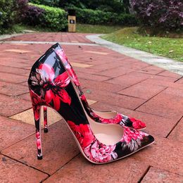 Dress Shoes Women Gloossy Floral Printed Pointed Toe High Heels 8cm 10cm 12cm Ladies Party Sexy Patent Stiletto Pumps