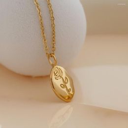 Chains Trendy 18K Gold Plating Stainless Steel Engraved Rose Flower Oval Coin Pendant Necklace Everyday Jewelry