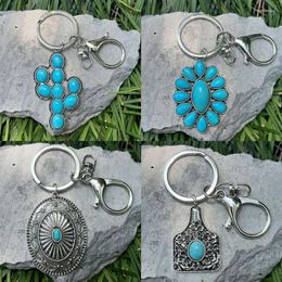 Keychains Western Alloy Cow Tag Turquoise Concho Cactus Keychain For Women Cowgirl Jewelry Wholesale
