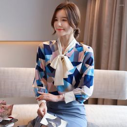 Women's Blouses Fashion Woman Blouse 2023 Elegant Vintage Autumn Korean Geometric Matching Chiffon Shirt Bow Tie Long Sleeve Tops