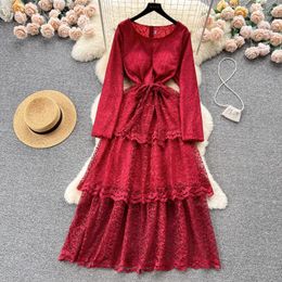 Casual Dresses Vintage Dress Lace Patchwork Vestidos Elegant Femenino Ruffles Long Sleeve Chic For Women 2023 French Style Drop