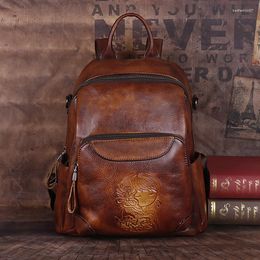 School Bags Retro Genuine Leather Backpack Women Bag 2023 Female Vintage Handmade Embossed Nature Soft Cowhide Leisure Travel Pack