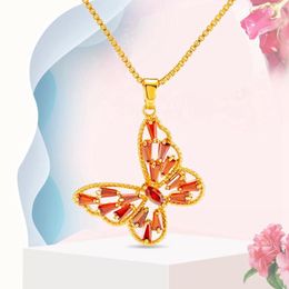 Pendant Necklaces Women Girl Chain With Red Cubic Zircon Beautiful 18k Gold Color Pretty Ladys Jewelry Gift