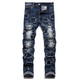 Dark Blue Rivet Hole Men's Jeans Fashion Slim Stretch Hole Patch Small Straight Denim Pants Spring Autumn Punk Style Streetwe266d