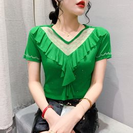 Women's T Shirts 2023 Summer Short Sleeved T-shirt Fashion Sexy V-Neck Drilling Ruffles Mesh Tops Elegant Slim Blusas