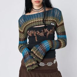 Women's Sweaters Knit Tie Dye Patchwork Pullovers Long Sleeve Stripe Hollow Out Crochet Fishnet Smock Fairycore Y2k Grunge Vintage Tops