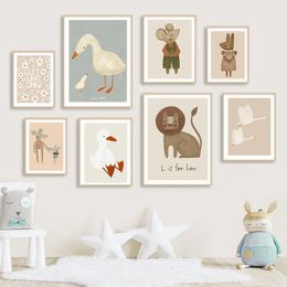 Rabbit Bird Geese Leopard Dog Baby Cute Animal Canvas Painting Wall Art Nordic Cartoon Nursery Posters And Prints Pictures For Kid Boys Bedroom Decor No Frame Wo6