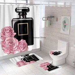 Shower Curtains 4 Pieces Luxury Perfume Bottle Flower Printed Shower Curtain Decor Bathroom Waterproof Cover Screen Mat Toilet Lid 230820