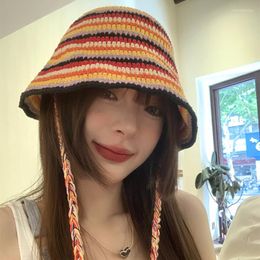 Berets 2023 Korean Color Striped Bucket Hat Women's Fashion Lace-up Knitted Basin Hats Big Head Circumference Versatile Fisherman Cap