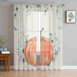 Curtain Thanksgiving Eucalyptus Blue Pumpkin Bedroom Transparent Sheer Curtains Holiday Decoration Window Voile Tulle Curtain HKD230821