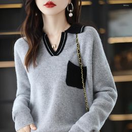 Women's Sweaters Pullover Ladies Elegant Fall/Winter Pure Wool Sweater Casual Loose Cashmere Tops Overside Thick Lapel Knit Pockets