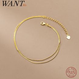 Anklets WANTME 925 Sterling Silver Simple Double Snake Bone Round Beads Charm Anklet for Women Fine 18k Gold Chain Bohemian Jewelry 230821