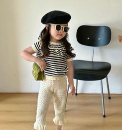 Clothing Sets 2023 Girls Boys 2 Pcs Set Knitted Striped T Shirt Long Pants Summer Cotton Fashion Kids Suits 1-8 Year WW954