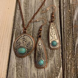 Necklace Earrings Set Bohemian Carved Cactus Blue Stone Women Ethnic Bronze Metal Inlaid Natural Jewellery