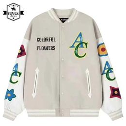 Men's Jackets Bomber Jacket Men Color-blocking Flower Embroidered Flocking Varsity Jackets Outerwear Oversized Casual Windbreaker Coats Unisex J230821