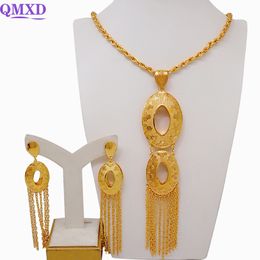 Earrings Necklace Fashion Dubai Gold Colour Long Pendant Necklace Drop Earrings Jewellery Sets For Women Ethiopian African Wedding Bridal Chain Sets 230820