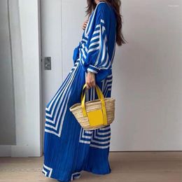 Women's Two Piece Pants Lantern Sleeve Shirt Wide Leg Trousers Set Chic Striped Outfit Pleated Lapel High Waist