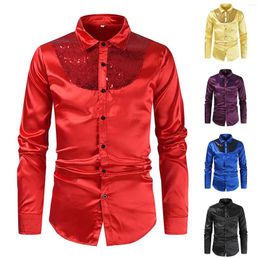 Men's Casual Shirts Fashion For Men 2023 Clothing Spring Short Sleeved Lapel Solid Colour Sequin Stitching T Shirt