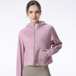 Yoga jacket lu running fitness coat thumbholes sports quick dry breathable elasticity loose gym clothes women oversized full-zip hoodie outdoor tops pink