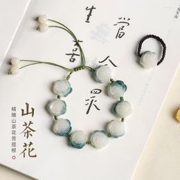 Strand Natural Real White Jade Bodhi Hand String Camellia Carved Bangle Ring Women's Exquisite Fine Shelter Handheld Jewellery Gifts