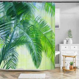 Shower Curtains Tropical Green Plant Shower Curtain Leaves Printed washable bath curtain Waterproof Fabric bathroom Curtains R230822