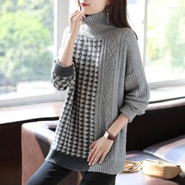 Women's Sweaters Female 2023 Vintage Houndstooth Patchwork Midi Autumn Winter Korean Loose Stylish Turtleneck All-match Knitted Jumpers