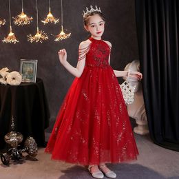 Princess Wedding Flower Girls Dress High Neck Beaded Crystal Appliques A Line Champagne Lace Ivory Tulle Long Kids Formal Birthday Christmas Party Dresses 403