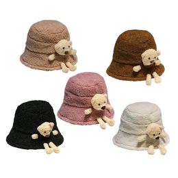 Korean Style Women Winter Fluffy Plush Warm Bucket Hat Cute 3D Stuffed Teddy Bear Wide Brim Harajuku Outdoor Panama Fisherman Ca277A