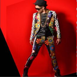 Nightclub male singer Colourful flower suits big bar stage costumes M-6XL287q