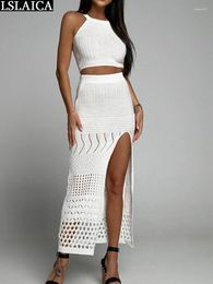 Work Dresses Side Split Two Piece Set Skirt And Top Holiday Crochet Sets Long Outfit Women Solid Color Party Outfits Beach Elegant Hollow