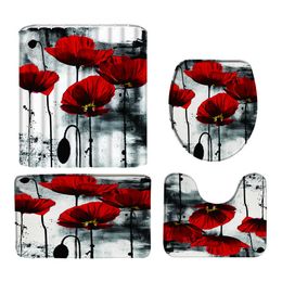 Shower Curtains Black and Red Flowers Printed Shower Curtain Set Anti-slip Rugs Lid Cover Bath Mat Durable Bathroom Curtain Decoration