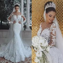 Dubai Saudi Arabic Lace Mermaid Dress Sexy Illusion Long Sleeve Bride Dresses Crystals Beads Wedding Gowns 328 328