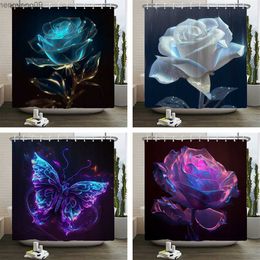 Shower Curtains Roses Butterflies Shower Curtain Flower Fabric Waterproof Bathroom Accessories Bath Screen Curtain Decor for Bathtub R230822