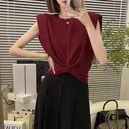 Women's Blouses Temperament Twisted Knotted Wine Red Black Tops Summer Versatile Round Neck Sleeveless T-shirt Fashion Clothes