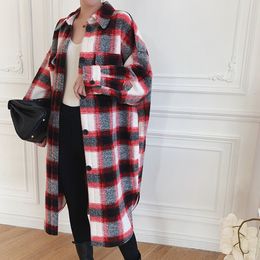 Womens Wool blandar två färger Kvinnor Plaid Long Jacket Woolen Sleeve Casual Autumn Winter Female Coat 230822