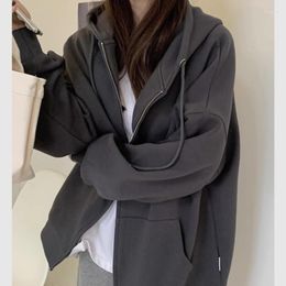 Women's Hoodies Grey Women 2023 Autumn Retro Oversize Sweatshirts Solid Fashion Korean Zipper Long Sleeve Tops Hooded Jackets Coat