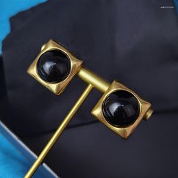 Stud Earrings Brand Jewellery Square Black Agate Round Yellow Rock European Vintage Brass Luxury Banquet Girl Gift