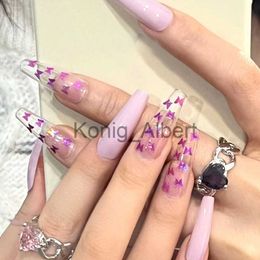 False Nails 24pcs Purple Transparent Long False Nails Butterfly Sticker Design Fake Nails Art Full Coverage Removable Faux Press on Nail x0822